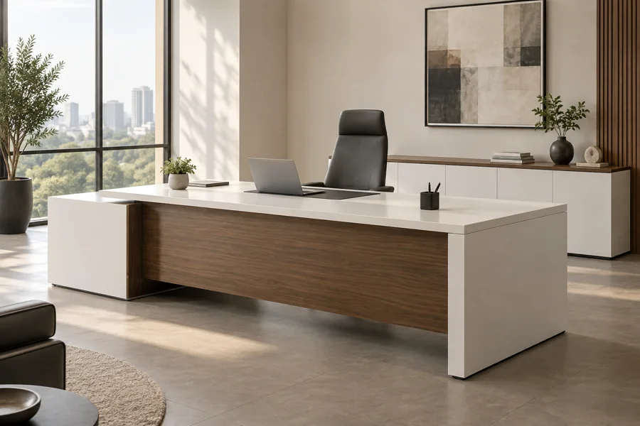 White executive cabin desk and low storage
