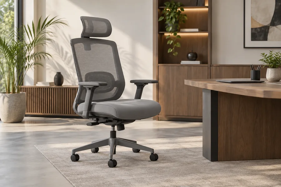 Grey ergonomic chair with lumbar support