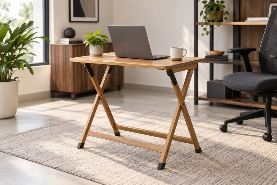 Compact folding laptop table in oak