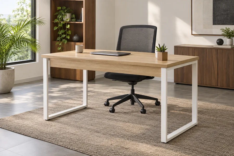 Compact oak desk with white steel legs