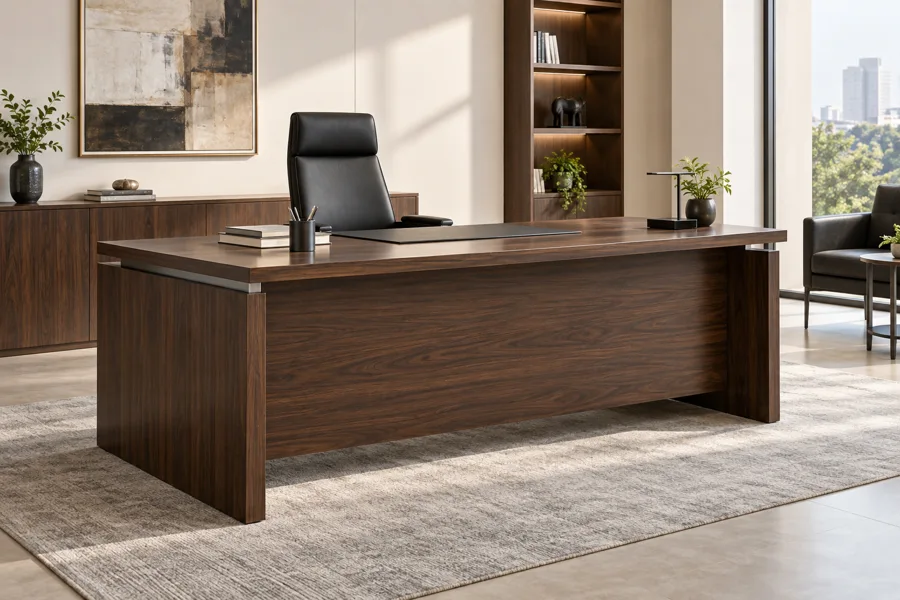 Dark walnut director desk with modesty panel