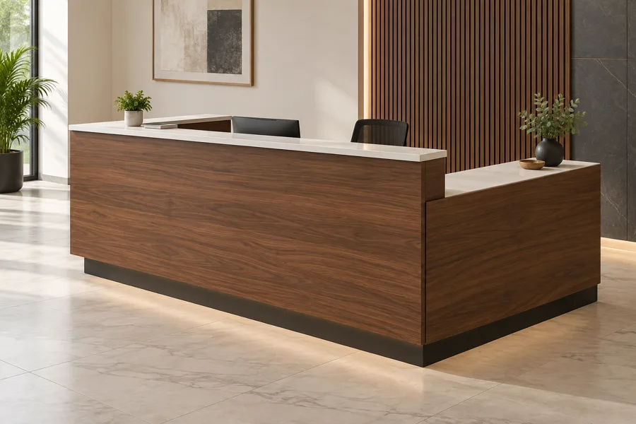 L-shaped walnut reception counter