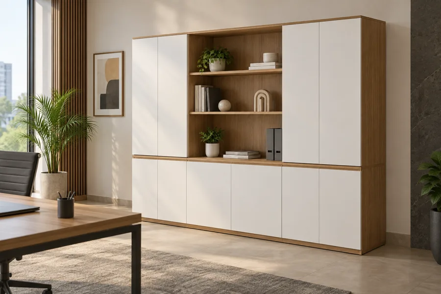 White and oak wall storage system