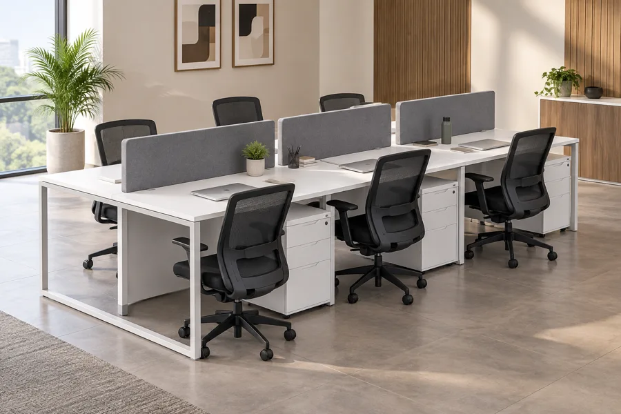 Six-person white desk cluster with grey dividers