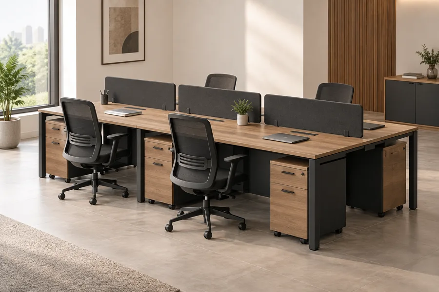 Six-person charcoal and oak workstation